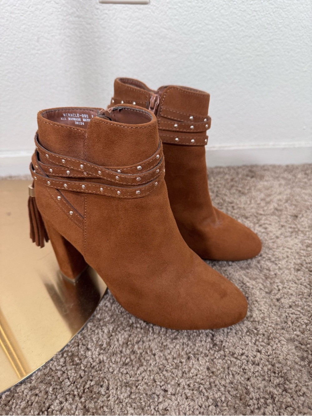 BAMBOO Tan Suede Ankle Boots with Studded Wrap & Tassel